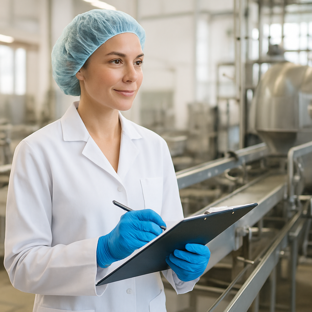 Food safety consultant inspecting a production line in a clean facility